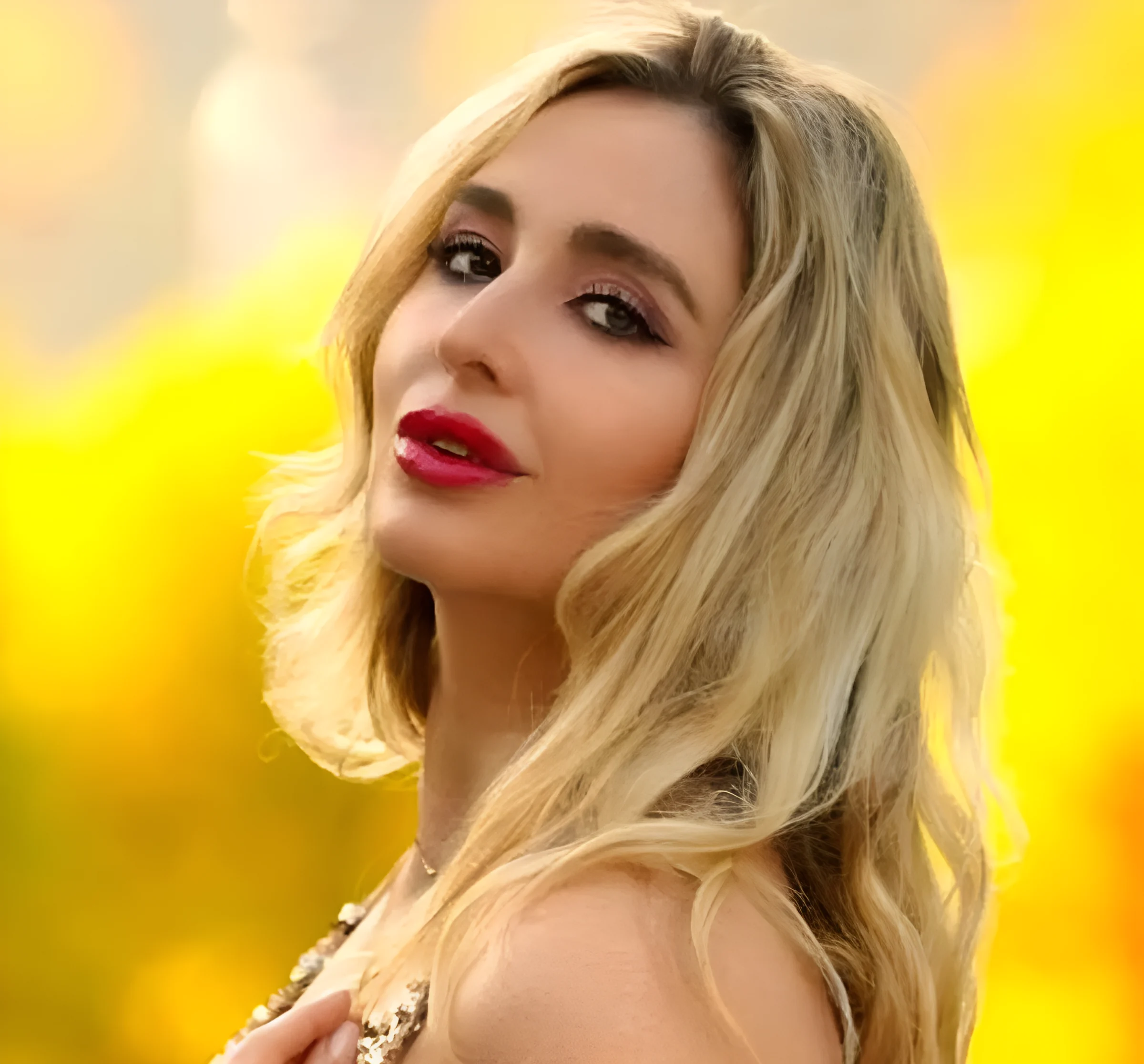 Venicia Rasmussen, dramatic soprano, glamour portrait in warm golden light with red lipstick